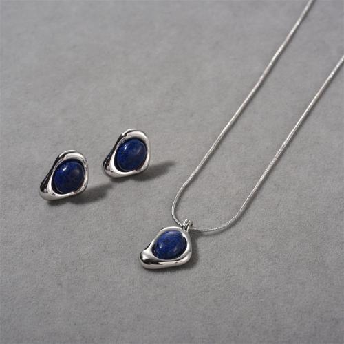 Brass Jewelry Set with Lapis Lazuli plated fashion jewelry silver color nickel lead & cadmium free Sold By PC