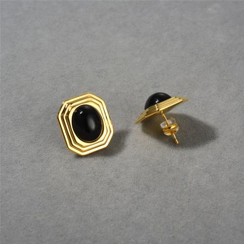 Brass Stud Earring, with Black Agate, Square, plated, fashion jewelry, golden, nickel, lead & cadmium free, 18.50x16.50mm, Sold By Pair