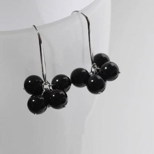 Boucles d'oreilles pendantes en laiton, avec agate noire, Placage, bijoux de mode, noire, protéger l'environnement, sans nickel, plomb et cadmium, 39x8mm, Vendu par paire
