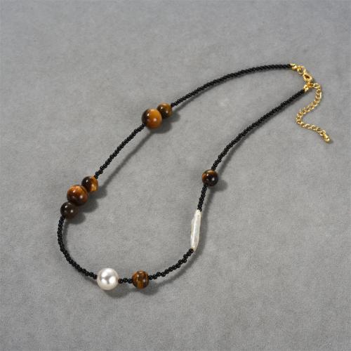 Brass Necklace with Glass Beads & Tiger Eye & Plastic Pearl with 5cm extender chain plated fashion jewelry black nickel lead & cadmium free Length 40 cm Sold By PC
