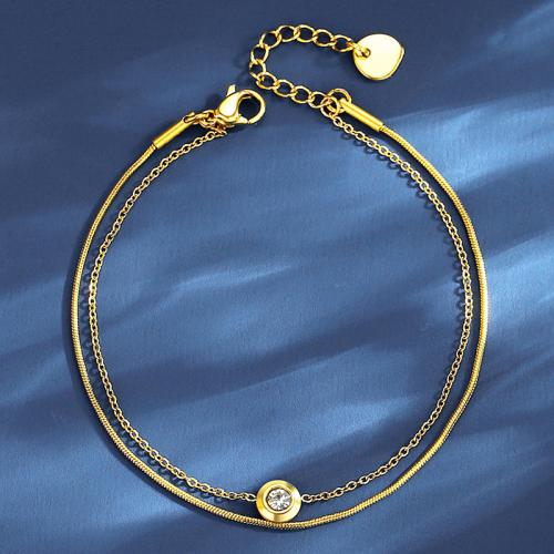 Tytan stalowa bransoleta, Titantium stali, ze 3cm przedłużeniami łańcuszka, Podwójna warstwa & biżuteria moda & mikro utorować cyrkonia & dla kobiety, złoto, bez zawartości niklu, ołowiu i kadmu, długość około 16 cm, sprzedane przez PC