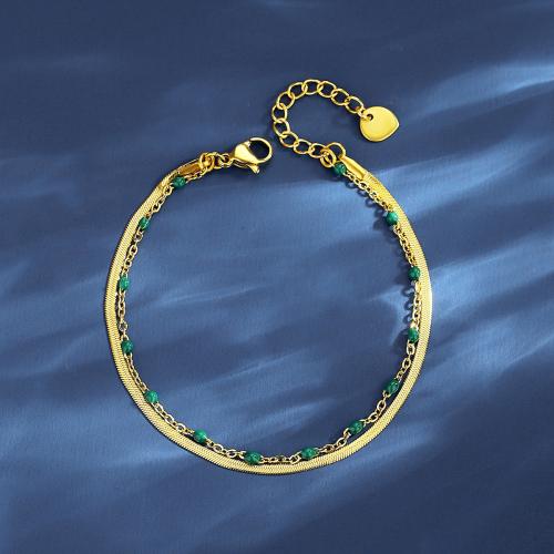 Bracelet d'acier titane, avec turquoise, avec 3cm chaînes de rallonge, Double couche & bijoux de mode & pour femme, doré, protéger l'environnement, sans nickel, plomb et cadmium, Longueur:Environ 16 cm, Vendu par PC