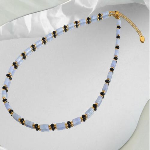 Titanium Steel Necklace, with Aquamarine & Black Agate, with 5cm extender chain, fashion jewelry & for woman, blue, nickel, lead & cadmium free, Length:Approx 41 cm, Sold By PC