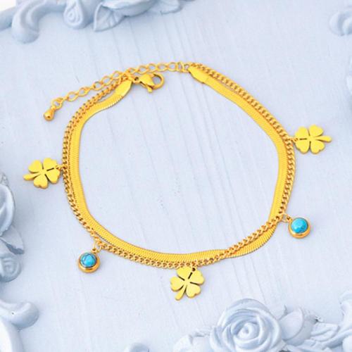Fashion Jewelry Anklet, Titanium Steel, with turquoise & Plastic Pearl, Double Layer & different materials for choice & for woman, gold, nickel, lead & cadmium free, Sold By PC