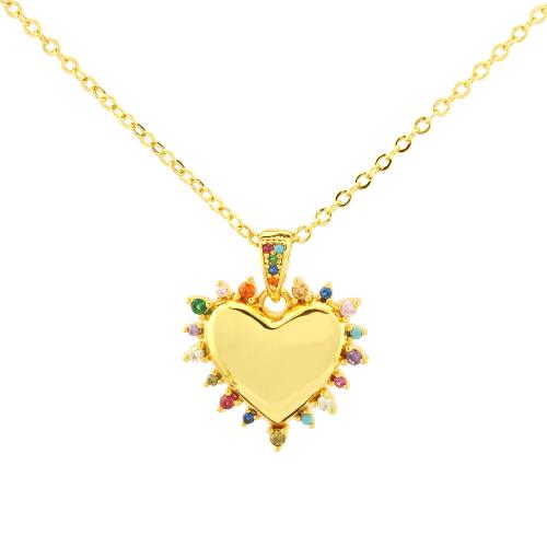 Messing Halskette, mit Verlängerungskettchen von 5CM, Herz, plattiert, Micro pave Zirkonia & für Frau, Goldfarbe, Länge:ca. 45 cm, verkauft von PC