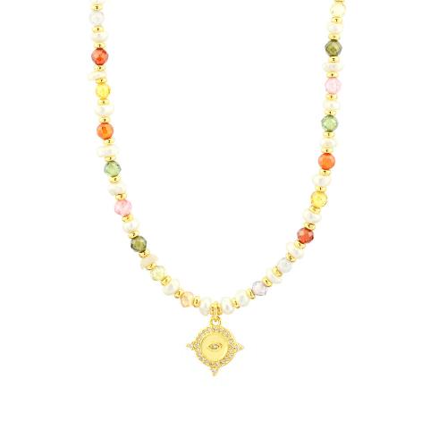 Brass Necklace with Gemstone & Freshwater Pearl with 5CM extender chain plated micro pave cubic zirconia & for woman golden Length Approx 40 cm Sold By PC