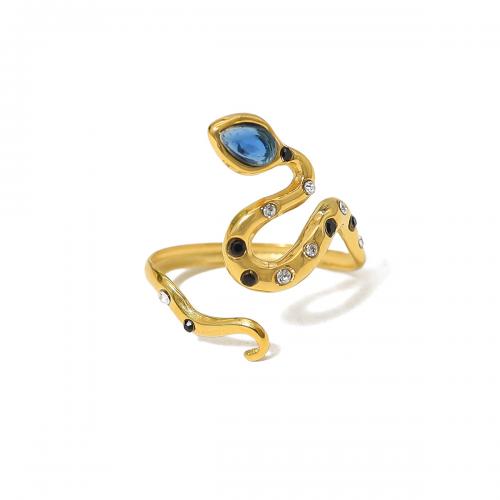 Titanium Čelik Finger Ring, s Kristal, Zmija, 18K pozlaćeno, modni nakit & micro utrti kubni cirkonij & za žene, zlatan, Prodano By PC