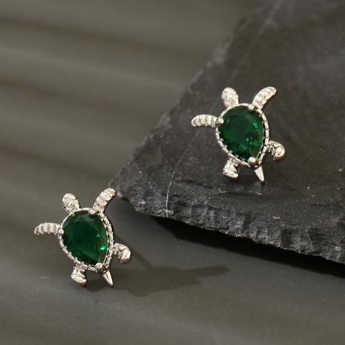 Brass Stud Earring Turtle silver color plated fashion jewelry & for woman & with rhinestone green nickel lead & cadmium free Sold By Pair
