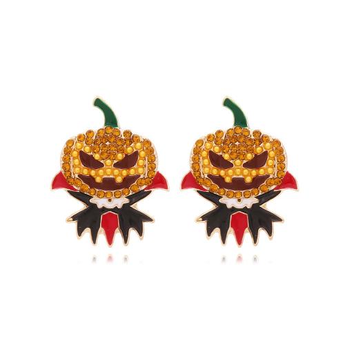 New Hot Halloween Jewelry and Decor, Tibetan Style, Pumpkin, gold color plated, fashion jewelry & for woman & enamel & with rhinestone, mixed colors, nickel, lead & cadmium free, 31x40mm, Sold By Pair