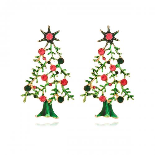 Christmas Earrings, Tibetan Style, Christmas Tree, gold color plated, fashion jewelry & for woman & enamel & with rhinestone, mixed colors, nickel, lead & cadmium free, 37x65mm, Sold By Pair