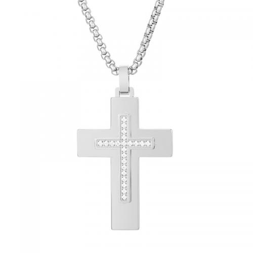 Stainless Steel Jewelry Necklace, 304 Stainless Steel, Cross, Vacuum Ion Plating, fashion jewelry & for man & with rhinestone, more colors for choice, 42x30mm, Sold By PC