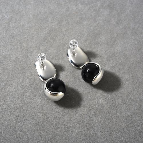 Brass Drop Earring with Black Agate plated fashion jewelry silver color nickel lead & cadmium free Sold By Pair