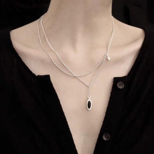 Brass Necklace, with Black Agate & White Shell, with 3cm extender chain, plated, fashion jewelry, more colors for choice, nickel, lead & cadmium free, Length:41 cm, Sold By PC