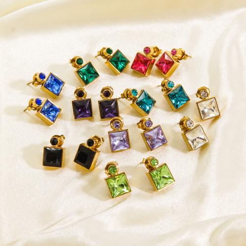 Stainless Steel Stud Earrings 304 Stainless Steel Square plated fashion jewelry & micro pave cubic zirconia Sold By Pair