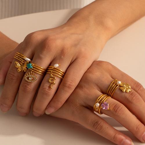 Zirkonia Edelstahl-Finger- Ring, 304 Edelstahl, mit Türkis & Kunststoff Perlen, plattiert, Modeschmuck & verschiedene Muster für Wahl & Micro pave Zirkonia & mit Strass, keine, verkauft von PC