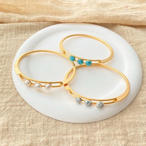 Brass Bracelet & Bangle with Natural Turquoise & Freshwater Pearl plated fashion jewelry & for woman gold nickel lead & cadmium free External .8mm Sold By PC