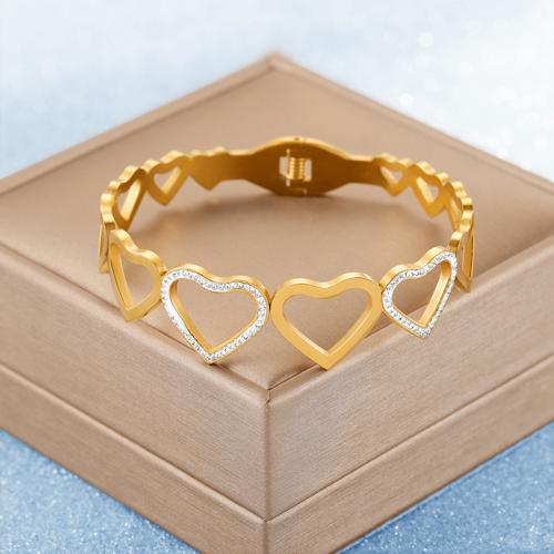 Stainless Steel Bangle 304 Stainless Steel Heart plated fashion jewelry & for woman & with rhinestone & hollow golden nickel lead & cadmium free Sold By PC