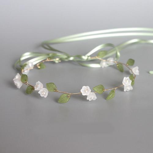 Headband, Iron, with Cloth & Crystal & Plastic Pearl, for woman, light green, 37cm length, Sold By PC