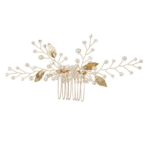 Decorative Hair Combs, Iron, with Plastic Pearl, for woman & with rhinestone, golden, Size: 15*5.5cm, Sold By PC