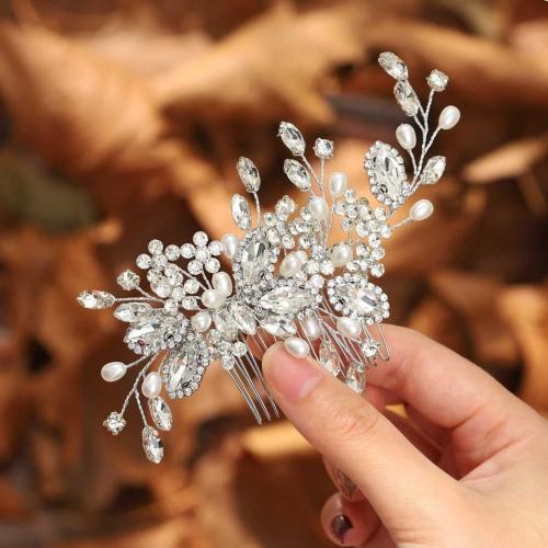 Decorative Hair Combs, Iron, with Plastic Pearl, handmade, for woman & with rhinestone, more colors for choice, Sold By PC