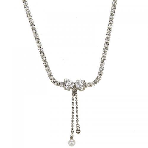 Cubic Zircon Micro Pave Brass Necklace with Plastic Pearl with 10CM extender chain plated micro pave cubic zirconia & for woman silver color Length Approx 37 cm Sold By PC