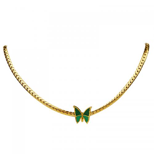 Collar de Acero Titanio, Partículas de acero, con 5CM extender cadena, Mariposa, para mujer & esmalte, dorado, longitud:aproximado 40 cm, Vendido por UD