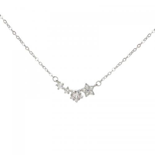 925 Sterling Silver Necklace, with 2inch extender chain, Star, platinum plated, cross chain & micro pave cubic zirconia & for woman, Length:Approx 15.7 Inch, Sold By PC