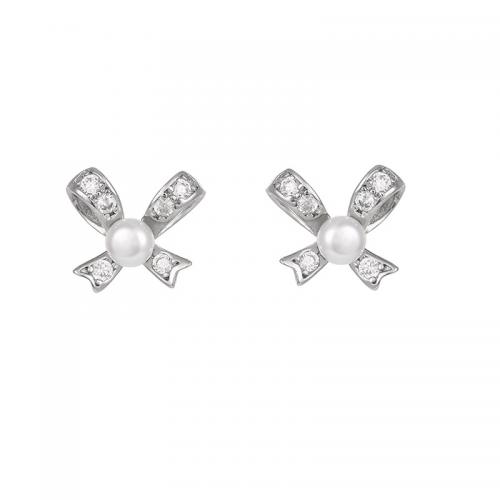 925 Sterling Silver Stud Earring with Freshwater Pearl Bowknot platinum plated micro pave cubic zirconia & for woman Sold By Pair