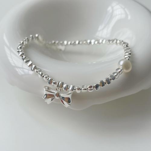925 Sterling Silver Bracelet with Plastic Pearl Bowknot fashion jewelry & for woman silver color Length Approx 6.3 Inch Sold By PC
