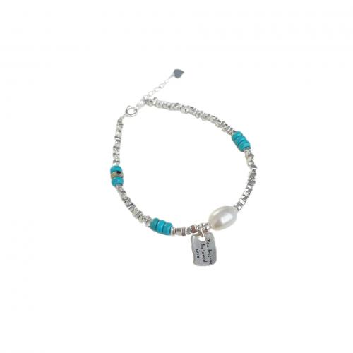 925 Sterling Silver Bracelet with turquoise & Dalmatian & Freshwater Pearl with 1.2inch extender chain Geometrical Pattern for woman & enamel silver color Length Approx 6.3 Inch Sold By PC