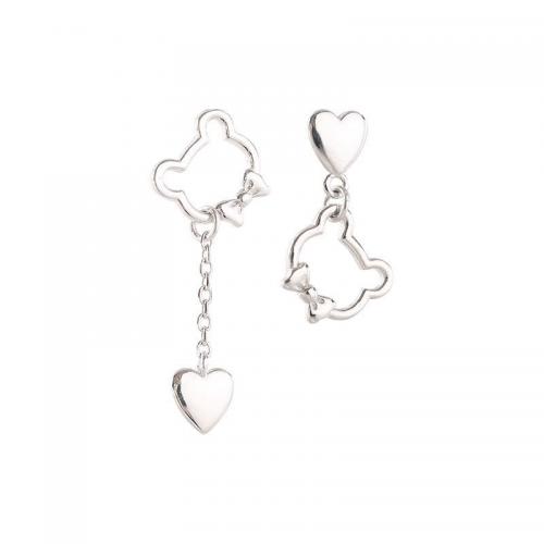 925 Sterling Silver Asymmetric Earrings, Bear, platinum plated, for woman & hollow, earring size 11x20mm, 33mm, Sold By Pair