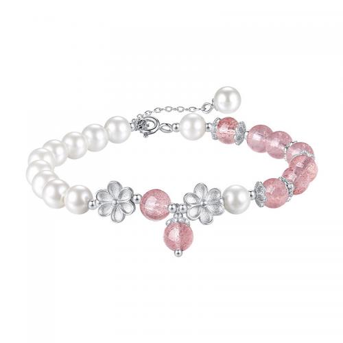 925 Sterling Silver Bracelet with Glass Pearl & Strawberry Quartz with 2inch extender chain Flower fashion jewelry & for woman silver color Length Approx 6.7 Inch Sold By PC