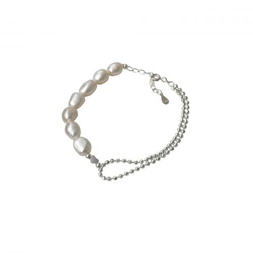 Серебро 925 пробы браслет, с Пресноводные жемчуги, с 1.2inch наполнитель цепи, ювелирные изделия моды & Женский, серебряный, длина:Приблизительно 6.3 дюймовый, продается PC