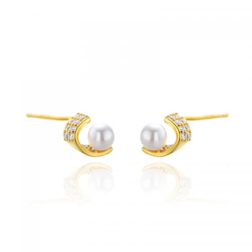 925 Sterling Silver Stud Earring, with Shell Pearl, Flower, plated, micro pave cubic zirconia & for woman, more colors for choice, 5.30x8mm, Sold By Pair
