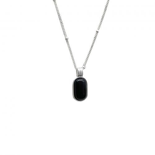 925 prata esterlina colar, with Ágata preta, with 2inch extender chain, Padrão Geométrico, joias de moda & para mulher, prateado, comprimento Aprox 16.1 inchaltura, vendido por PC