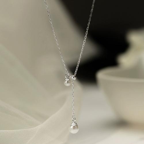 925 Sterling Silver Necklace, with Shell Pearl, platinum plated, cross chain & for woman, Length:Approx 16.5 Inch, Sold By PC