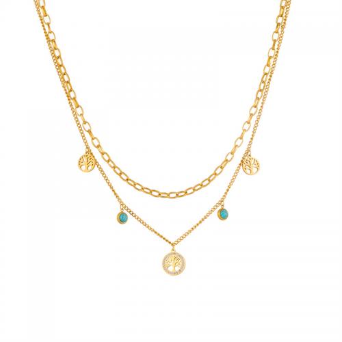 Titanium Steel Necklace, with turquoise, with 1.97inch extender chain, Vacuum Ion Plating, Double Layer & for woman & with rhinestone, golden, 13mm, Length:Approx 15.75 Inch, Approx 17.32 Inch, Sold By PC