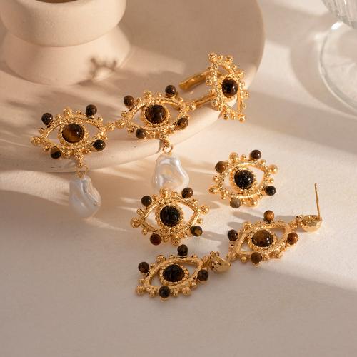 Evil Eye Jewelry Set 304 Stainless Steel with Tiger Eye & Plastic Pearl plated fashion jewelry Sold By PC