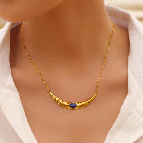 Rustfrit stål smykker halskæde, 304 rustfrit stål, med Lapis Lazuli, med 5.5cm extender kæde, Moon, forgyldt, mode smykker, guld, Længde 41.5 cm, Solgt af PC