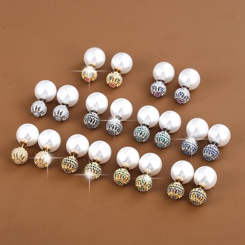 Brass Stud Earring with Plastic Pearl plated fashion jewelry & for woman & with rhinestone nickel lead & cadmium free Sold By Pair