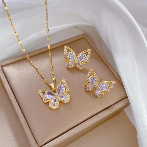 Jewelry Sets Titanium Steel with Brass with 1.97inch extender chain Butterfly Vacuum Ion Plating & micro pave cubic zirconia & for woman golden Length Approx 15.75 Inch Sold By PC