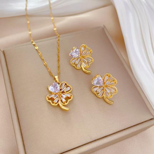 Jewelry Sets Titanium Steel with Brass Four Leaf Clover Vacuum Ion Plating & micro pave cubic zirconia & for woman golden Length Approx 15.75 Inch Sold By PC