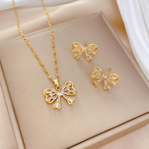 Jewelry Sets Titanium Steel with 1.97inch extender chain Bowknot Vacuum Ion Plating & micro pave cubic zirconia & for woman golden Length Approx 15.75 Inch Sold By PC