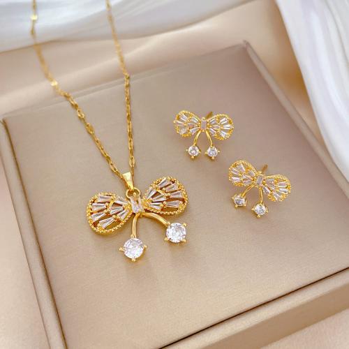 Jewelry Sets, Titanium Steel, with Brass, Bowknot, Vacuum Ion Plating, different styles for choice & micro pave cubic zirconia & for woman, golden, ear stud 17*13mm,pendant 27*27mm, Sold By PC