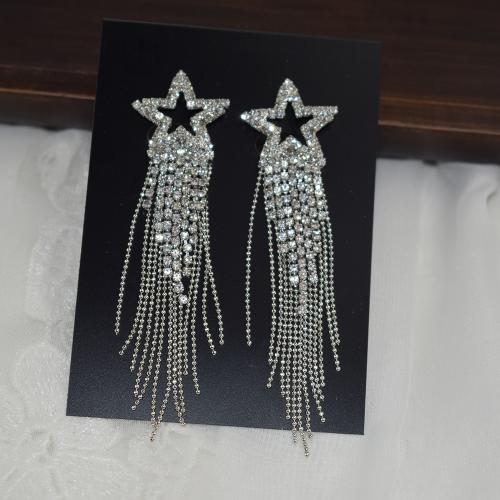 Fashion Fringe Earrings Brass Star silver color plated fashion jewelry & for woman & with rhinestone silver color nickel lead & cadmium free Sold By Pair