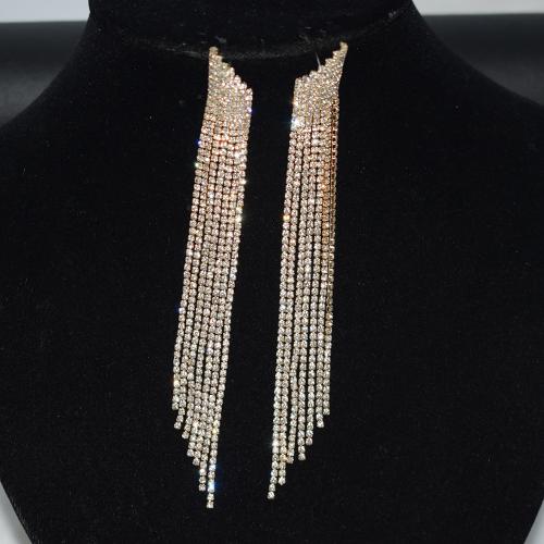Fashion Fringe Brincos, cobre, cromado de cor dourada, joias de moda & para mulher & com strass, dourado, níquel, chumbo e cádmio livre, 116x7mm, vendido por par