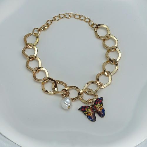 Iron Bracelet, with Plastic Pearl & Tibetan Style, Butterfly, fashion jewelry, golden, Length:22 cm, Sold By PC