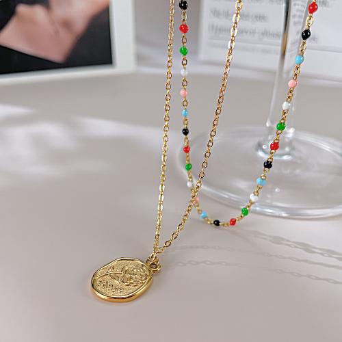 Stainless Steel Jewelry Necklace 304 Stainless Steel with Seedbead with 60mm extender chain plated Double Layer & fashion jewelry & for woman gold Length Approx 375 mm Sold By PC
