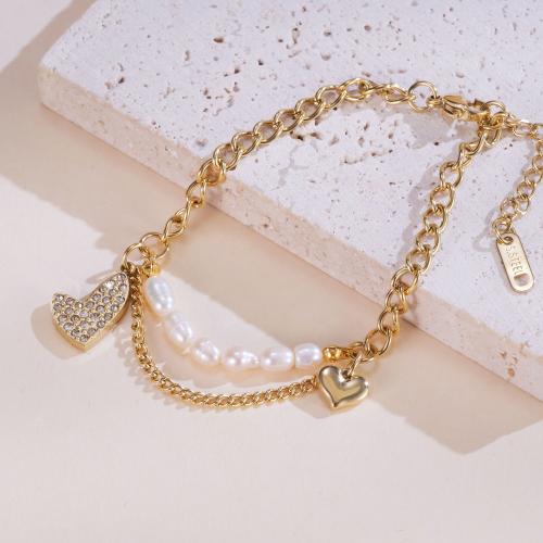 Stainless Steel Jewelry Bracelet, 304 Stainless Steel, with Freshwater Pearl, with 4cm extender chain, Heart, plated, fashion jewelry & micro pave cubic zirconia & for woman, gold, nickel, lead & cadmium free, Length:Approx 17 cm, Sold By PC