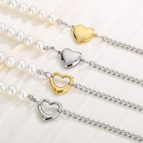 Edelstahl Schmuck Halskette, 304 Edelstahl, mit Kunststoff Perlen, Herz, plattiert, Modeschmuck & verschiedene Stile für Wahl & für Frau, keine, frei von Nickel, Blei & Kadmium, Länge ca. 45 cm, verkauft von PC